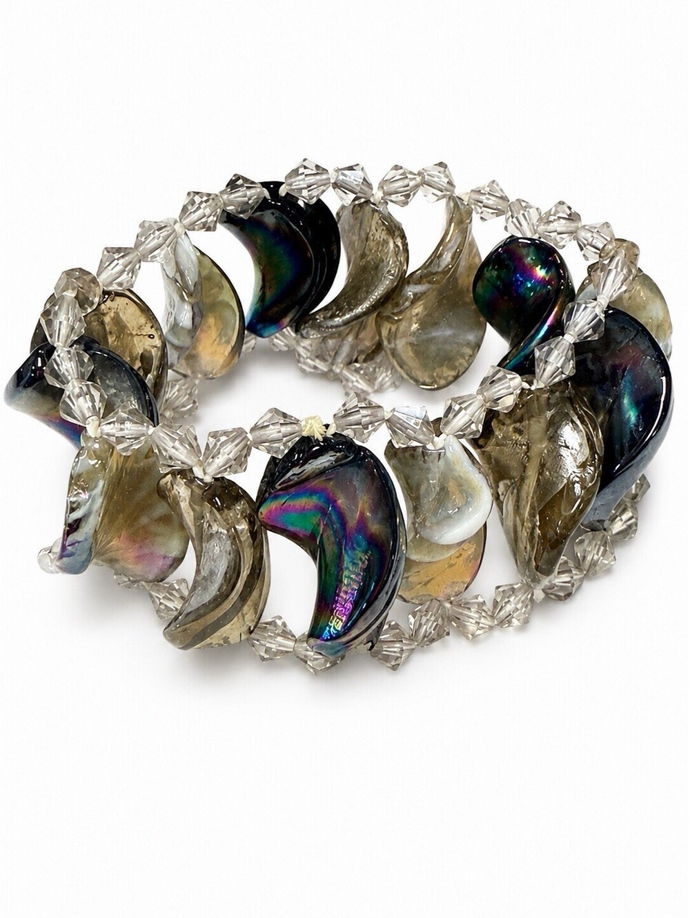 Vintage Wrap Bracelet Iridescent Shell Glass Bead Coil Bracelet Stretch Boho